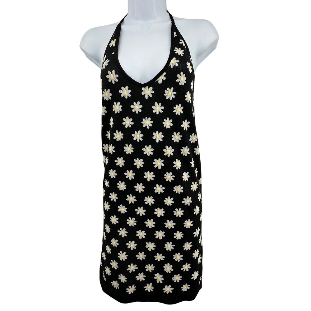 Daisy Floral Knit Y2K Halter Dress Women S Black White Mini Festival Bodycon